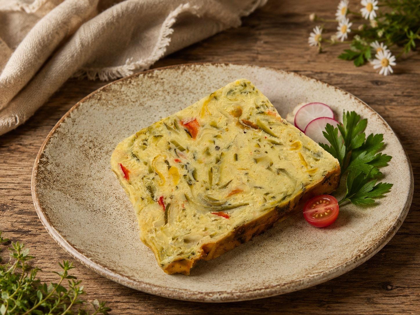 Mosaïque de légumes d'été et crème de carottes au gingembre
